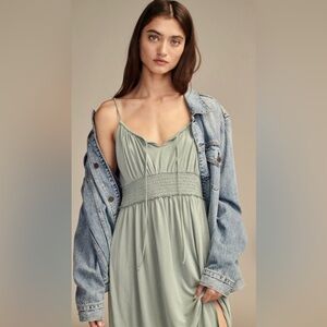 NWT Lucky Brand Smocked Luxury Soft Sandwash Tie V-Neck Maxi Dress